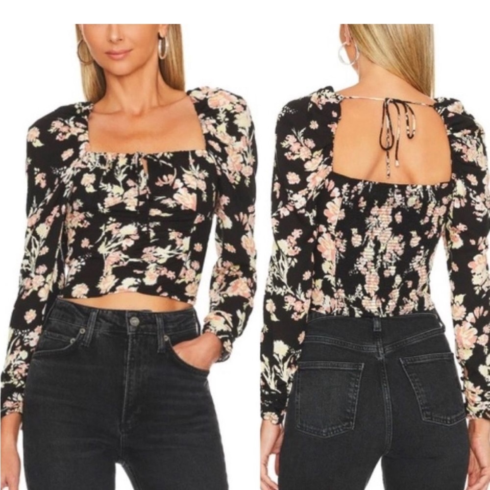 Free People HILARY Printed Top Blouse Black Combo Floral New
